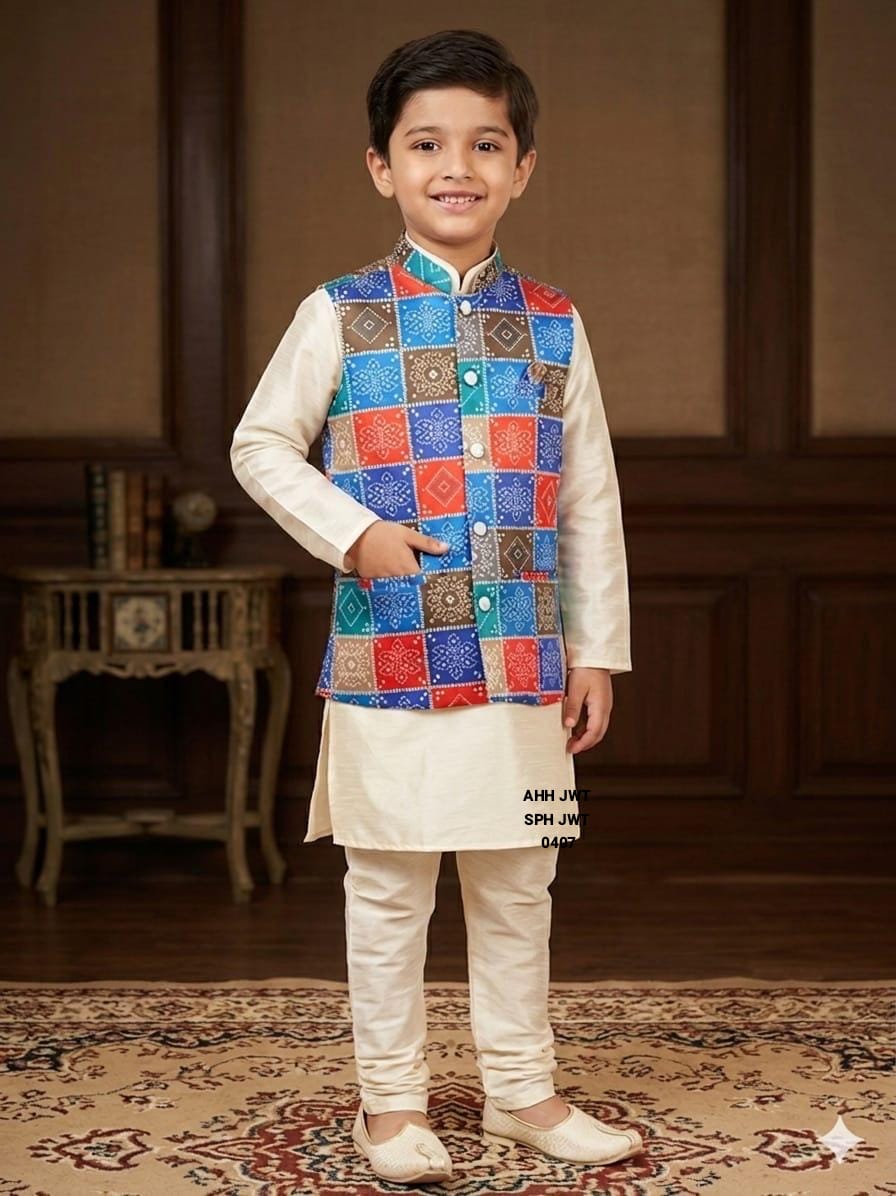 Boys Multicolor Patchwork Ethnic Nehru Jacket Kurta Set
